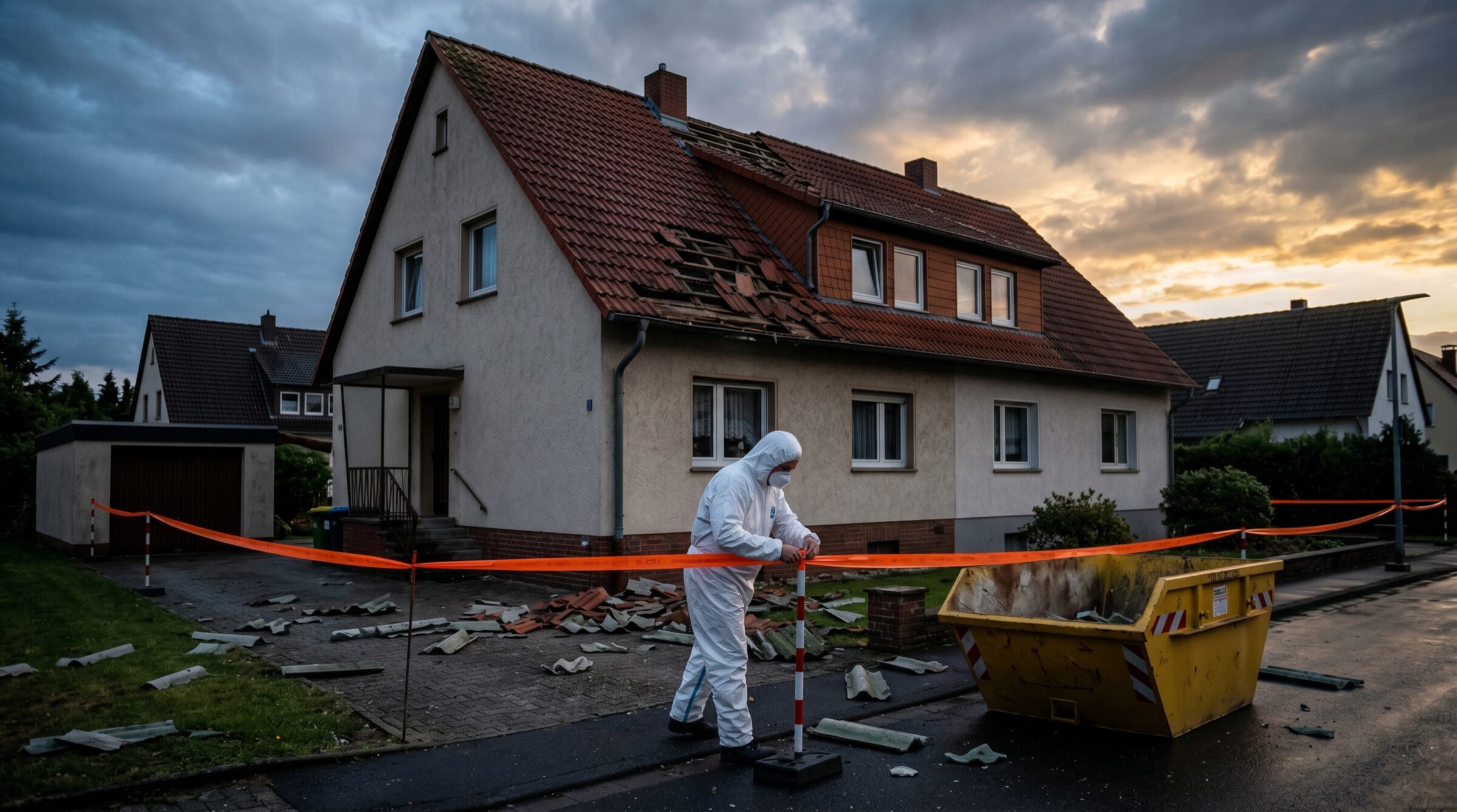 Sofort-Einsatz nach Sturmschaden — Sanierer sichert beschädigtes Wohnhaus mit Absperrband